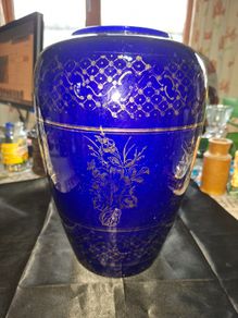 Antique Cobalt Blue Large Glass Vase featuring a Gilt Floral Design, Postage Available