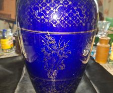 Antique Cobalt Blue Large Glass Vase featuring a Gilt Floral Design, Postage Available