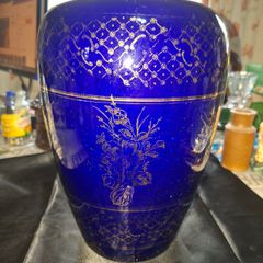 Antique Cobalt Blue Large Glass Vase featuring a Gilt Floral Design, Postage Available