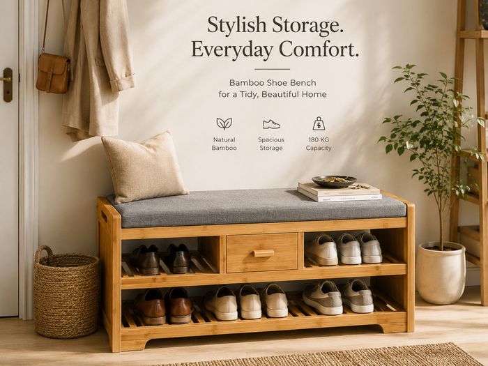 Bamboo Shoe Storage Bench with Cushion Seat Drawer and Shelves Entryway Bench