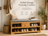 Bamboo Shoe Storage Bench with Cushion Seat Drawer and Shelves Entryway Bench