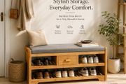 Bamboo Shoe Storage Bench with Cushion Seat Drawer and Shelves Entryway Bench