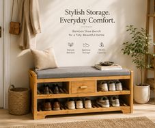 Bamboo Shoe Storage Bench with Cushion Seat Drawer and Shelves Entryway Bench
