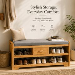 Bamboo Shoe Storage Bench with Cushion Seat Drawer and Shelves Entryway Bench