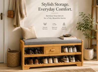 Bamboo Shoe Storage Bench with Cushion Seat Drawer and Shelves Entryway Bench