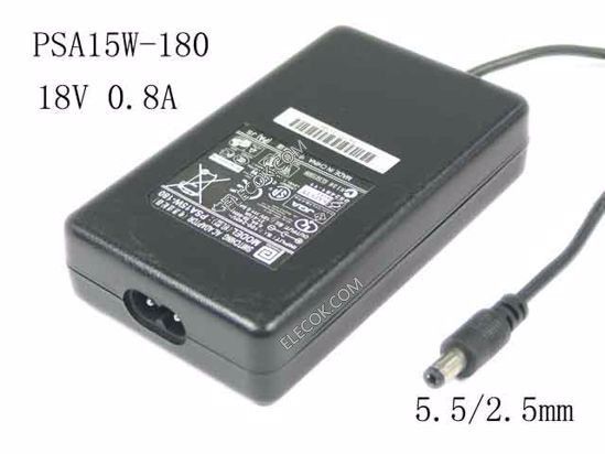 PHIHONG PSA15W-180 Switching AC Adapter- Laptop 18V 0.8A, 5.5/2.5mm,2-Prong,Used