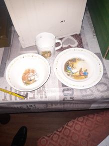 Beautiful Old Set of Wedgewood Peter Rabbit Porcelain Cup Plate and Bowl