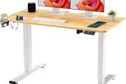 lectric Standing Desk ONE PIECE Height Adjustable Standing Desk With Memory Smart Panel Sit Stand Table With Hooks and Cupholder for Home Office (White Frame+ Maple Desktop)