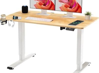 lectric Standing Desk ONE PIECE Height Adjustable Standing Desk With Memory Smart Panel Sit Stand Table With Hooks and Cupholder for Home Office (White Frame+ Maple Desktop)
