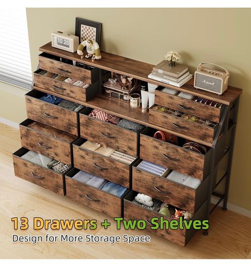 Dresser for Bedroom with 13 Drawers, 55 inchWide Chest of Drawers, Fabric Dresser with 2 Wooden Shelves, Storage Organizer Unit with Fabric Bins for Bedroom, Living Room, Hallway, Rustic Brown
