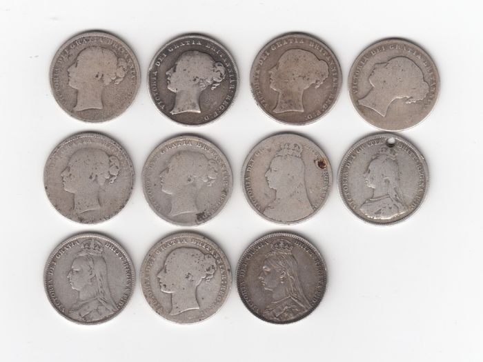 G.B. 11 x 1/-, 92.5% Silver, Young & Jubilee Head, Coins (1 holed) ( 1 ex mount) ( no. G22)