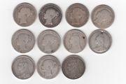 G.B. 11 x 1/-, 92.5% Silver, Young &amp; Jubilee Head, Coins (1 holed) ( 1 ex mount) ( no. G22)
