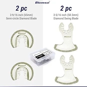 Bionso 4 Pcs Oscillating Diamond Multitool Blade Set Mortar Cutting Saw Blades for Grout Removal and Tile Semicircle Blades Fit Dewalt Worx Rockwell Milwaukee Makita Bosch (65mm Semi Circle Blade)