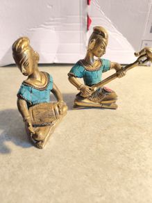 SET OF 2 Craft Vatika Musical Ladies with Inlay Work Pair of Brass Statues, 31/2 Inches Height   Pure Handmade and Stone Work Multi Idol