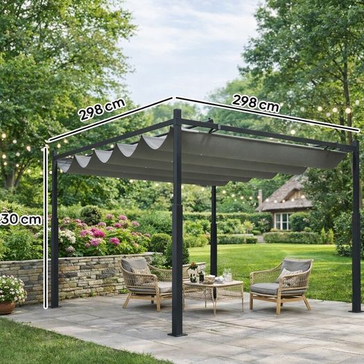 3m x 3m Retractable Garden Pergola with Canopy Roof  Steel Outdoor Patio Shelter