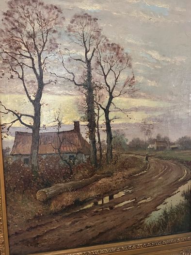 Large French oil painting in antique frame