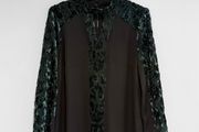 Pre Owned Coast Green Velvet Burnout Blouse with Sheer Sleeves