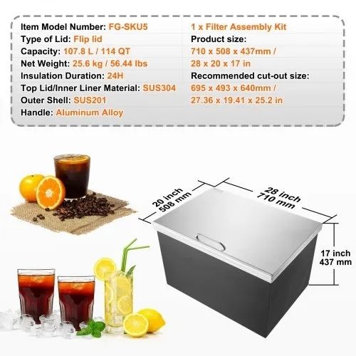 Drop in Ice Chest, 28"L x 20"W x 17"H Stainless Steel Ice Cooler, Commercial Ice Bin with Hinged Cover