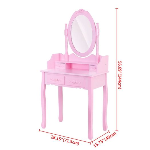 Bedroom Furniture Pink Dressing Table 3-Drawer Makeup Dresser Set with Stool Oval Mirror