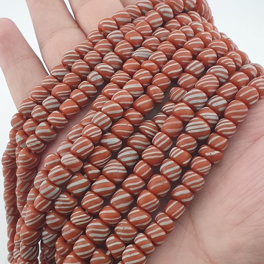 Vintage African white Stripe Orange 7.1mm - 7.5mm Glass Beads Necklace