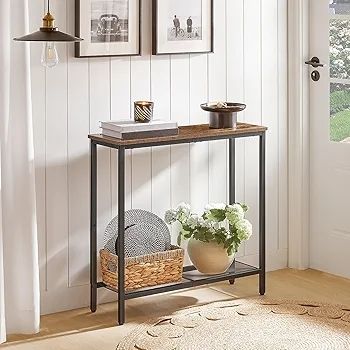 Slim Console Table with Storage, Narrow Console Table for Hallway, Industrial Hallway Table, Slim Sofa Table for Living Room, Bedroom, Rustic Brown and Black