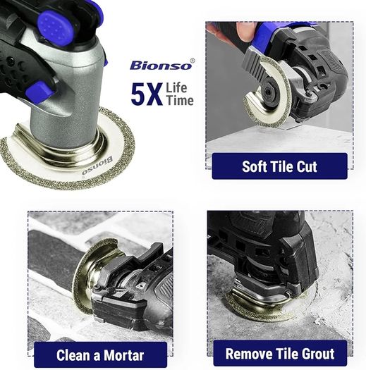 Bionso 4 Pcs Oscillating Diamond Multitool Blade Set Mortar Cutting Saw Blades for Grout Removal and Tile Semicircle Blades Fit Dewalt Worx Rockwell Milwaukee Makita Bosch (65mm Semi Circle Blade)
