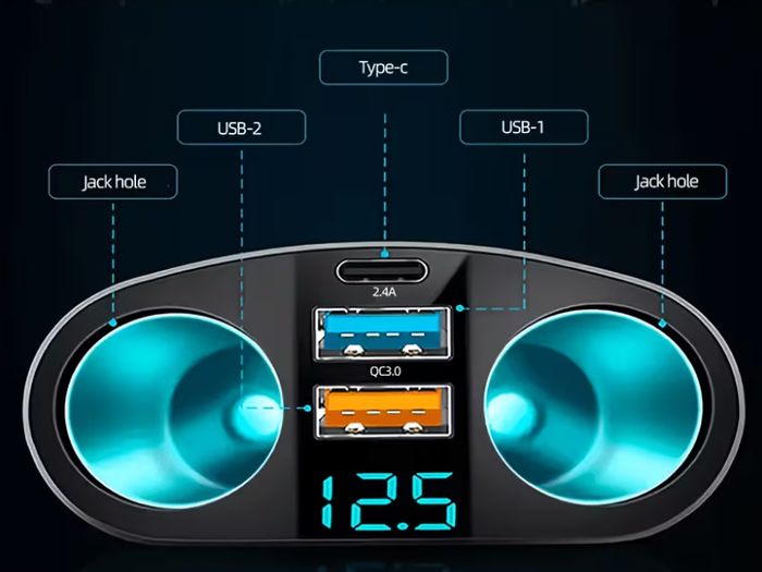 Car Cigarette Lighter Adapter, USB + Type-C Car Phone Charger Adapter,