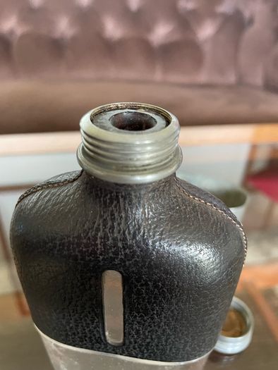 Edwardian Pewter Glass and Leather Gentlemans Hip Flask