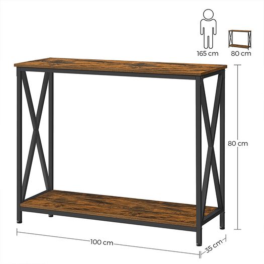 _Console Table, Side Table, Hallway Table, Sofa Table, Cross Braces, 100 x 35 x 80 cm, for Living Room, Hallway, Steel Frame, Industrial Design, Vintage Brown/Black