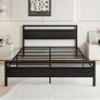 King Size Bed Frame with Wooden Headboard,Black Metal Bed Image 4