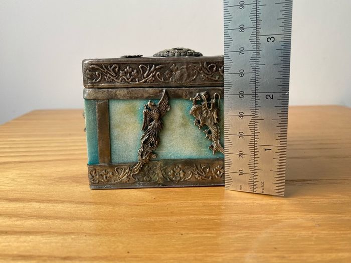 Vintage Chinese Stone Agate? Box with Ornamental Lion Head Dragon Phoenix Butterfly