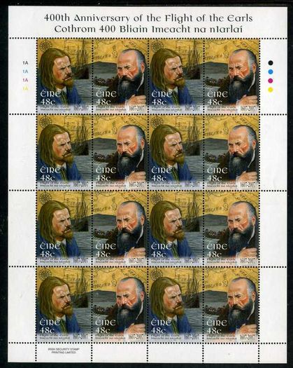 2007 Ireland Flight of the Earls (Hugh O'Neill & Rory O'Donnell) Commemorative Stamps Sheetlet Plate 1A1A1A1A Mint Never Hinged (MNH)
