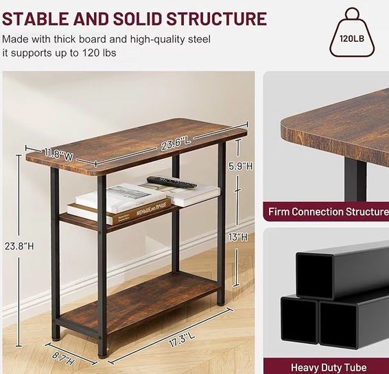 Sofa Side Table for Living Room, Narrow Side Table, 3-Tier End Table for Small Spaces with Wide Storage Tabletop, Slim Nightstand for Bedside, Bedroom, Couch, Rustic Brown