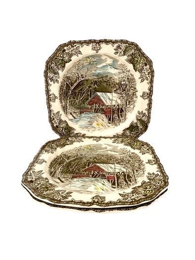 Set of 3 Vintage The Friendly Village The Covered Bridge by Johnson Bros Square Bone China Plates