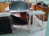 Brown Camping Outdoor Kitchen Table Cabinet Foldable Folding Cooking Storage Rack for BBQ Picnic X-Shaped Aluminum Alloy Bracket