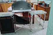 Brown Camping Outdoor Kitchen Table Cabinet Foldable Folding Cooking Storage Rack for BBQ Picnic X-Shaped Aluminum Alloy Bracket