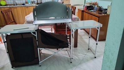 Brown Camping Outdoor Kitchen Table Cabinet Foldable Folding Cooking Storage Rack for BBQ Picnic X-Shaped Aluminum Alloy Bracket