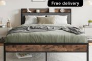 King Size Bed Frame with Storage Wooden Headboard,5ft Metal Upholstered Platform Bed Frame King Size Bed Base,Mattress Base/Sturdy Steel Slat Support/Under-bed Storage/Noise Free