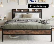 King Size Bed Frame with Storage Wooden Headboard,5ft Metal Upholstered Platform Bed Frame King Size Bed Base,Mattress Base/Sturdy Steel Slat Support/Under-bed Storage/Noise Free