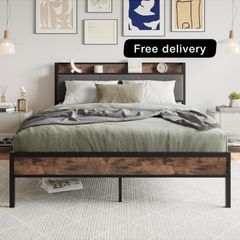 King Size Bed Frame with Storage Wooden Headboard,5ft Metal Upholstered Platform Bed Frame King Size Bed Base,Mattress Base/Sturdy Steel Slat Support/Under-bed Storage/Noise Free