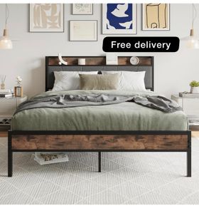 King Size Bed Frame with Storage Wooden Headboard,5ft Metal Upholstered Platform Bed Frame King Size Bed Base,Mattress Base/Sturdy Steel Slat Support/Under-bed Storage/Noise Free