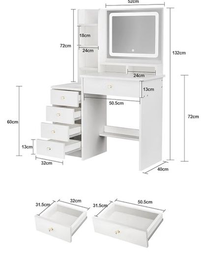 Dressing Table with LED Mirror and Adjustable Lights, 90cm White Vanity Desk