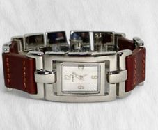 Fossil Ladies ES 1855 brown leather watch with silver accents.
