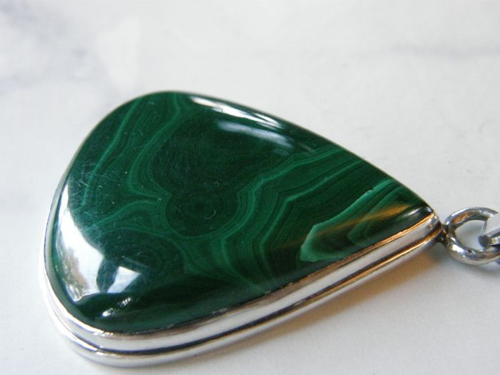 Large Modern Sterling Silver Malachite Teardrop Pendant 925 Hallmarked Birmingham 23.4g