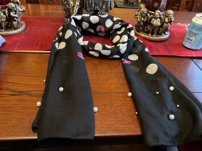 Samoon. FURTHER REDUCED.   Scarf In Black With White Polka Dots And A Littlle  Blue and Pink Also , With Decorative Pearls At The End