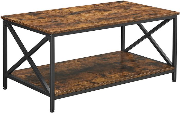 _Coffee Table with X-Shaped Struts, Steel Frame and Shelves, 100 x 55 x 45 cm, Industrial Design, Country House Style, Vintage Brown / Black