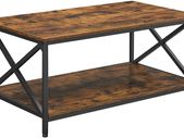 _Coffee Table with X-Shaped Struts, Steel Frame and Shelves, 100 x 55 x 45 cm, Industrial Design, Country House Style, Vintage Brown / Black
