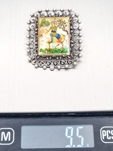 Antique Persian Hand Painted MOP Silver Brooch