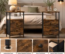 Set of 2 Industrial Bedside Tables with Drawers and Open Storage
