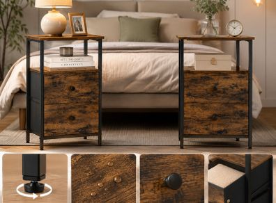 Set of 2 Industrial Bedside Tables with Drawers and Open Storage